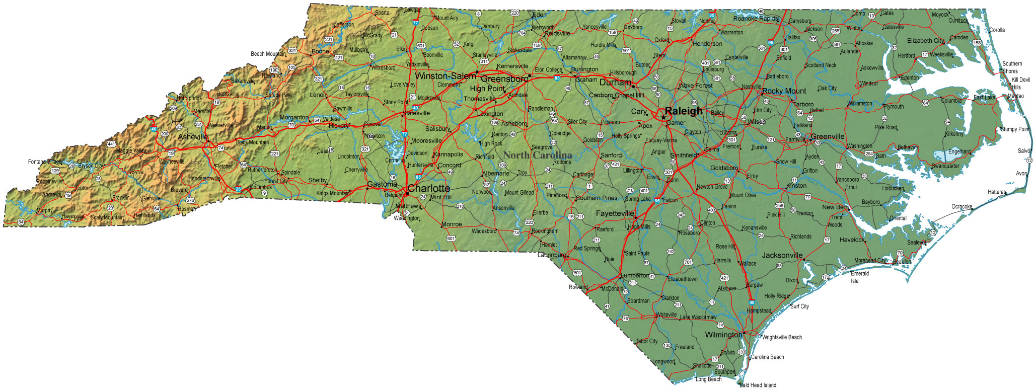 Detailed street map of North Carolina.