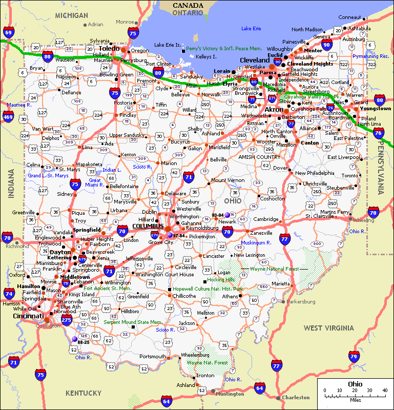 Free detailed map of Ohio cities and towns.