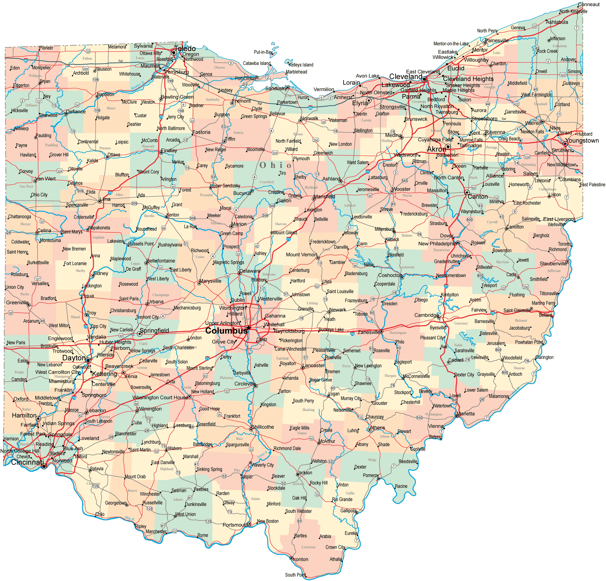 Large detailed map of Ohio state for with roads and highways.