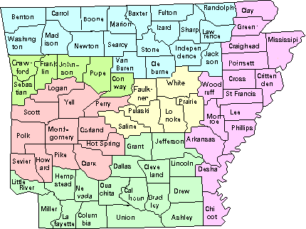 State map of Arkansas counties.