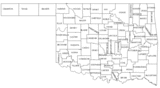 Black and white map of cities and counties in Oklahoma for visiting tourists to print and carry.