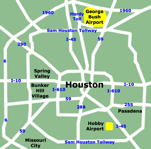Texas airports map for the city of Houston.