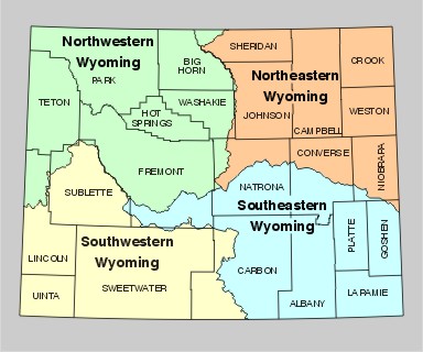 Printable map of Wyoming state and its regions and counties.