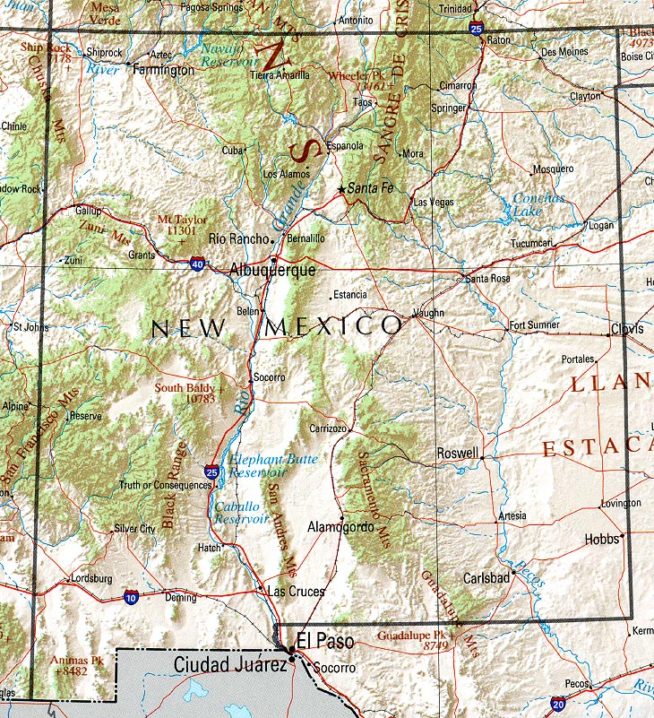 Printable Map of New Mexico state.