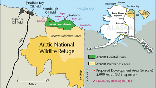 Map of Anwar Alaska, showing 1002 area and oil discoveries.