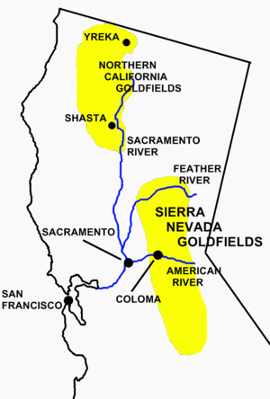 California Gold Rush Map images showing Sierra Nevada goldfields, and the Northern California goldfields.