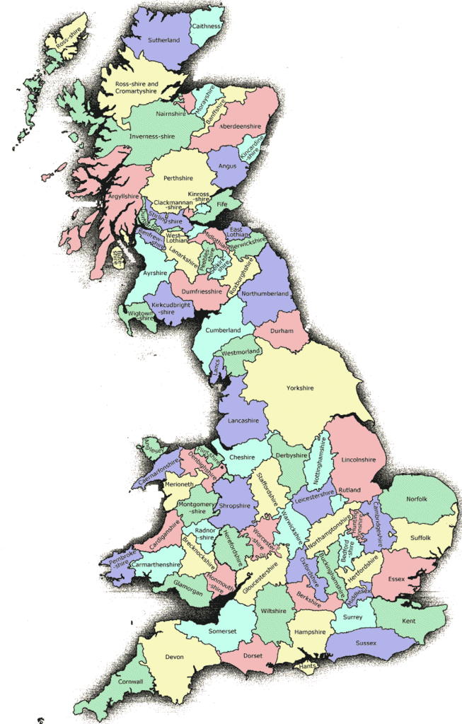 Map of UK Counties in England, Scotland, and Wales. Blank counties map with no labelling.
