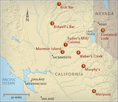 California gold rush map showing major finds in Gold Country.