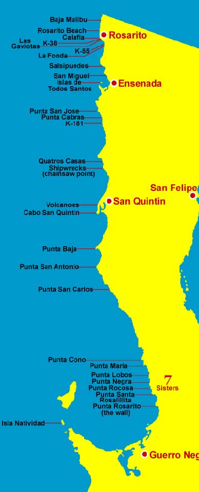 Map of Baja California Norte showing surfing locations.