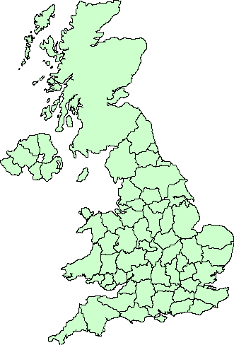 UK Map Showing Counties in England and Wales.
