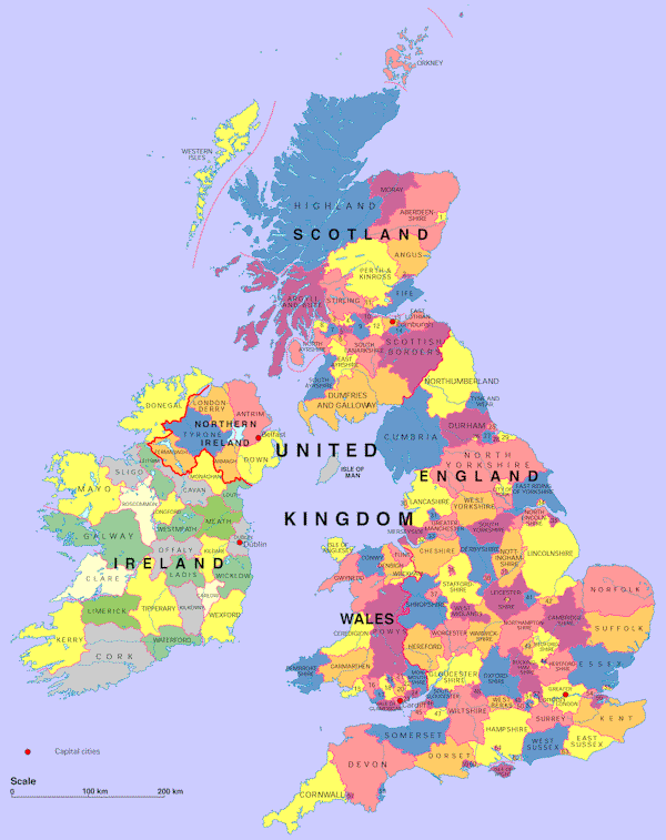 Map of UK Counties in Great Britain, Northern Ireland, and in addition Ireland (which is not in the UK).