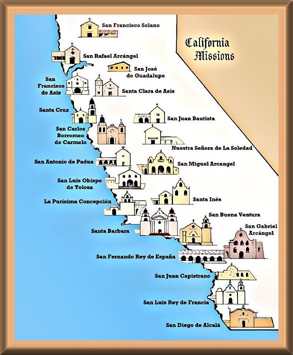 Map of 21 Missions of California showing exact location.