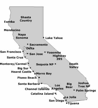 Printable maps of California showing major cities and towns on gray background.