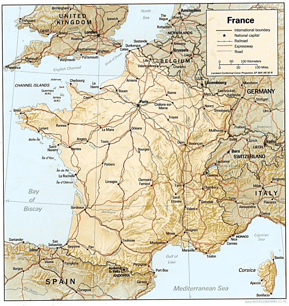 France geographic map from atlas scan.