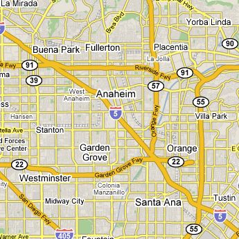 Location map Anaheim California and surrounding area in Orange County.