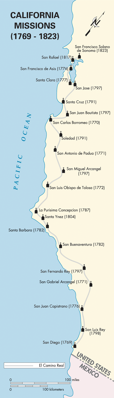21 missions map of California coast.