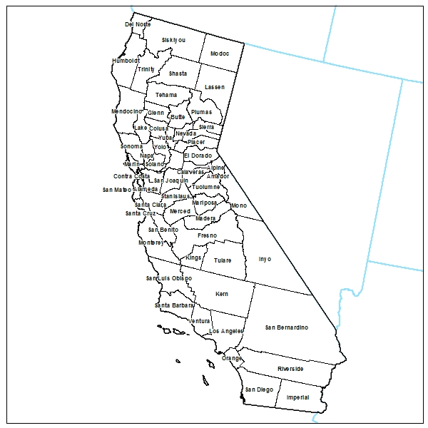 Outline printable maps of California showing counties.