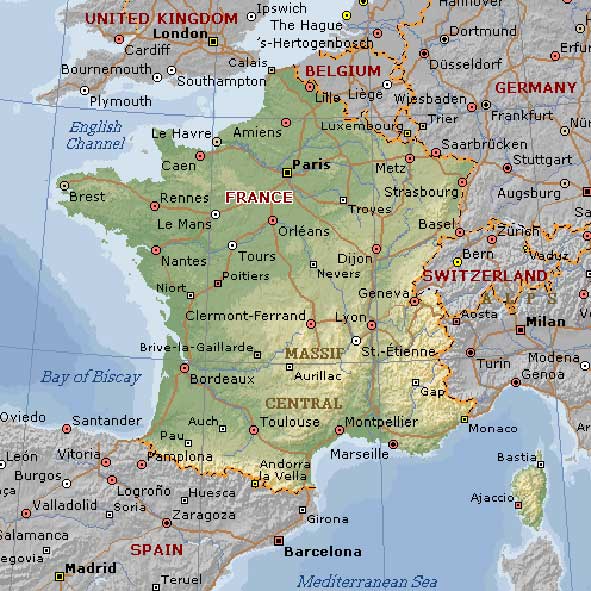 Detailed France geographc map showing elevations.