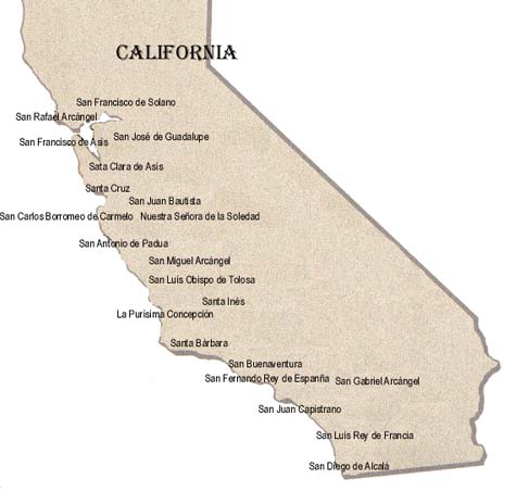Map of 21 missions of California with their precise location.