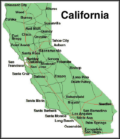 Printable maps of California showing the main towns and main highways.