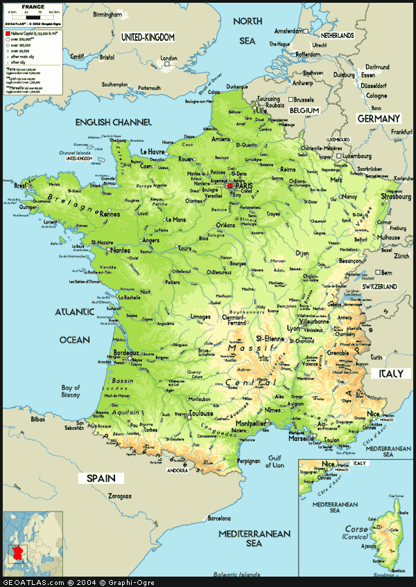 High quality France geographic map with great fine detail.