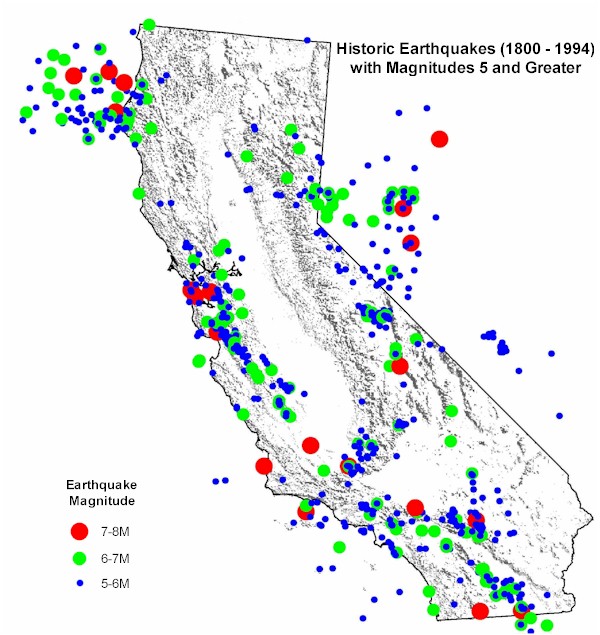 Map of major earthquakes in California with historical magnitude.