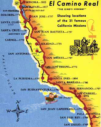21 missions map of California El Camino Real.