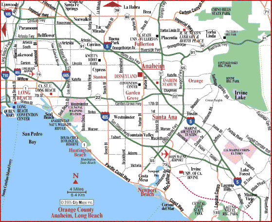 Location map: Anaheim California and Long Beach.