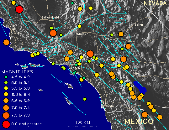 Detailed map of major earthquakes in California history. This is specificall Southern California.