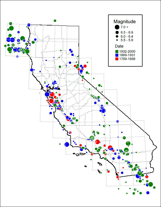 Map of major earthquakes in California from 1769 to 2000. Magnitude range is displayed.