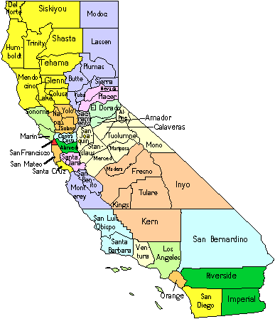 Colored map counties California for SoCal travel.