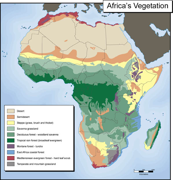 Map of African climate zones showing vegetation types.