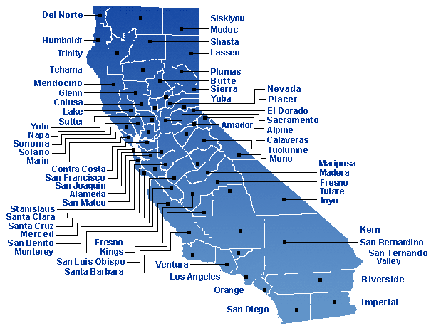 Blue map of California counties.