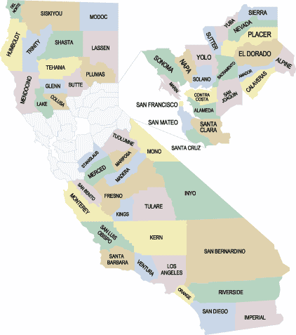 Map: Counties of California with a closeup of central region.