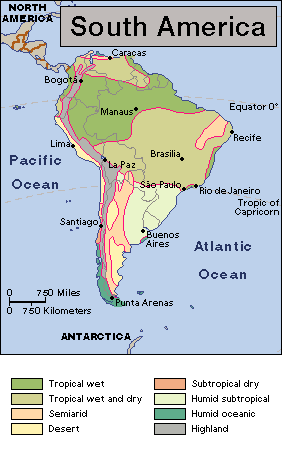 Climate map of Latin America showing South America climate zones.
