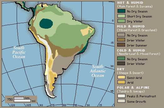 Climate map of Latin America showing climate regions in South America.