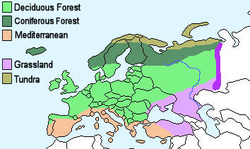 Map of climate zones in Europe showing types of vegetation.