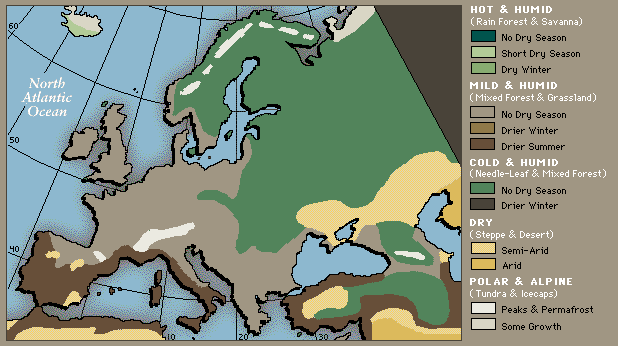 Map of climate zones in Europe showing climate classification type.