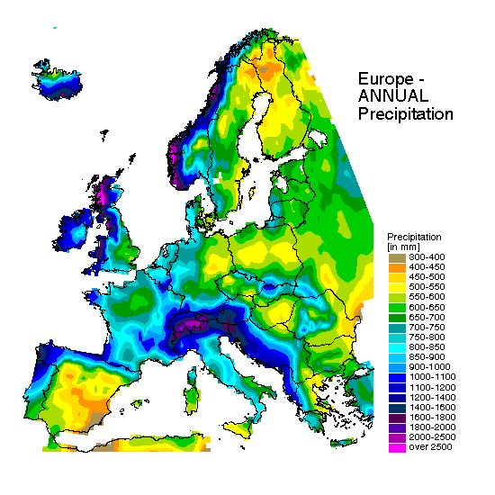 Map of climate zones in Europe showing average annual rainfall precipitation.