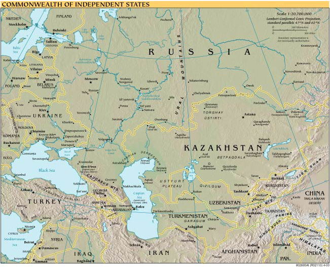 Map of Russia and the Black Sea with former soviet states.