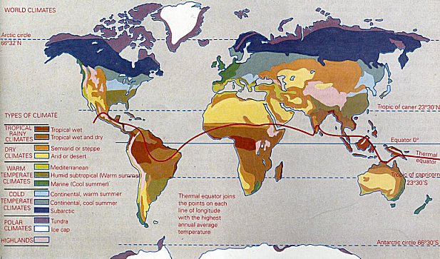 Climate regions shown on this world map with different types of weather patterns.