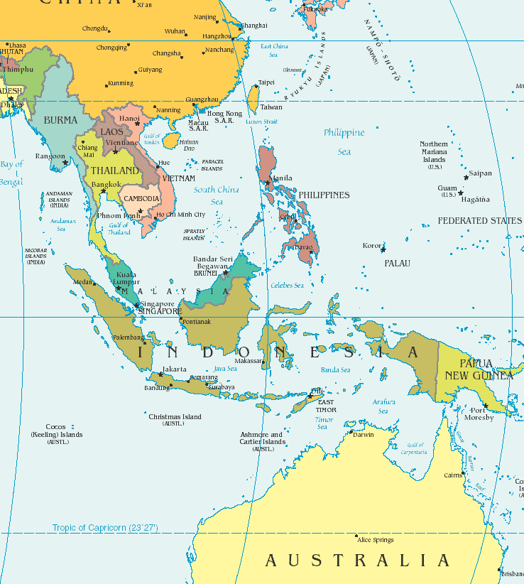Southeast Asia region map, with both mainland and maritime Southeast Asia shown.