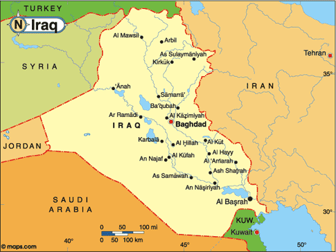 Current map of Iraq showing borders and major cities.