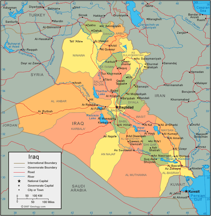 Map of country Iraq with its governorate regions marked.