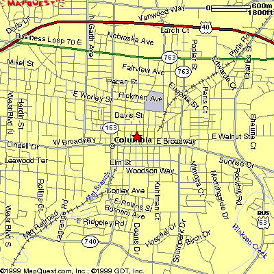 City of Columbia Missouri map up close.