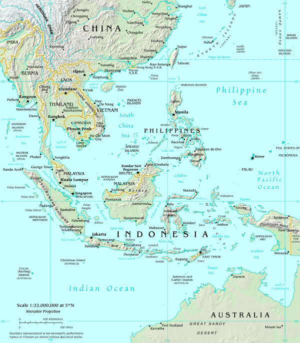 Relief physical maps of Southeast Asia. Thailand, Malaysia, Indonesia, Cambodia, etc.