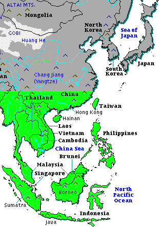 Physical maps of Southeast Asia showing mountains and rivers.