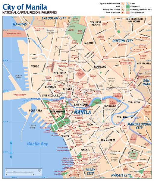 A detailed street map of Manila and its surrounding suburbs.