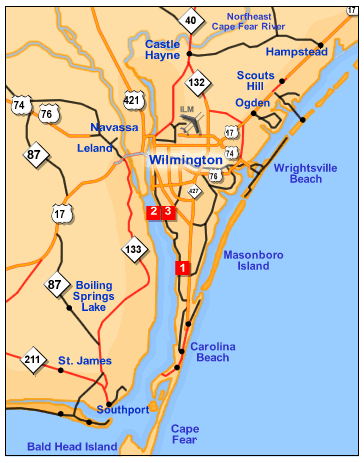 Basic overview of Wilmington NC City Map for download. With surrounding suburbs.