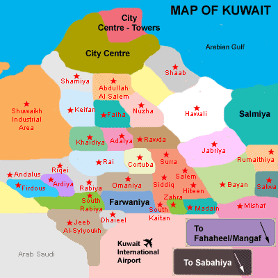 Kuwait city street map of neighbourhoods in this fascinating Arab country.